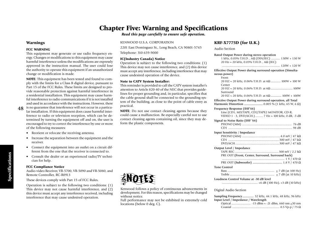 Kenwood manual Chapter Five Warning and Specifications, KRF-X7775D for U.K 