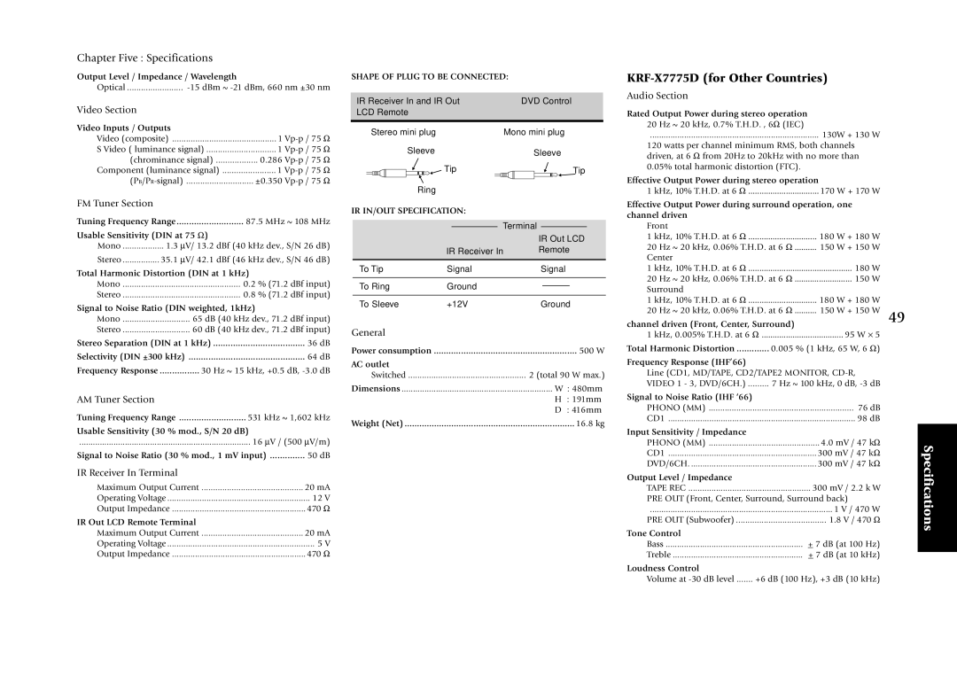 Kenwood manual KRF-X7775D for Other Countries, Chapter Five Specifications 