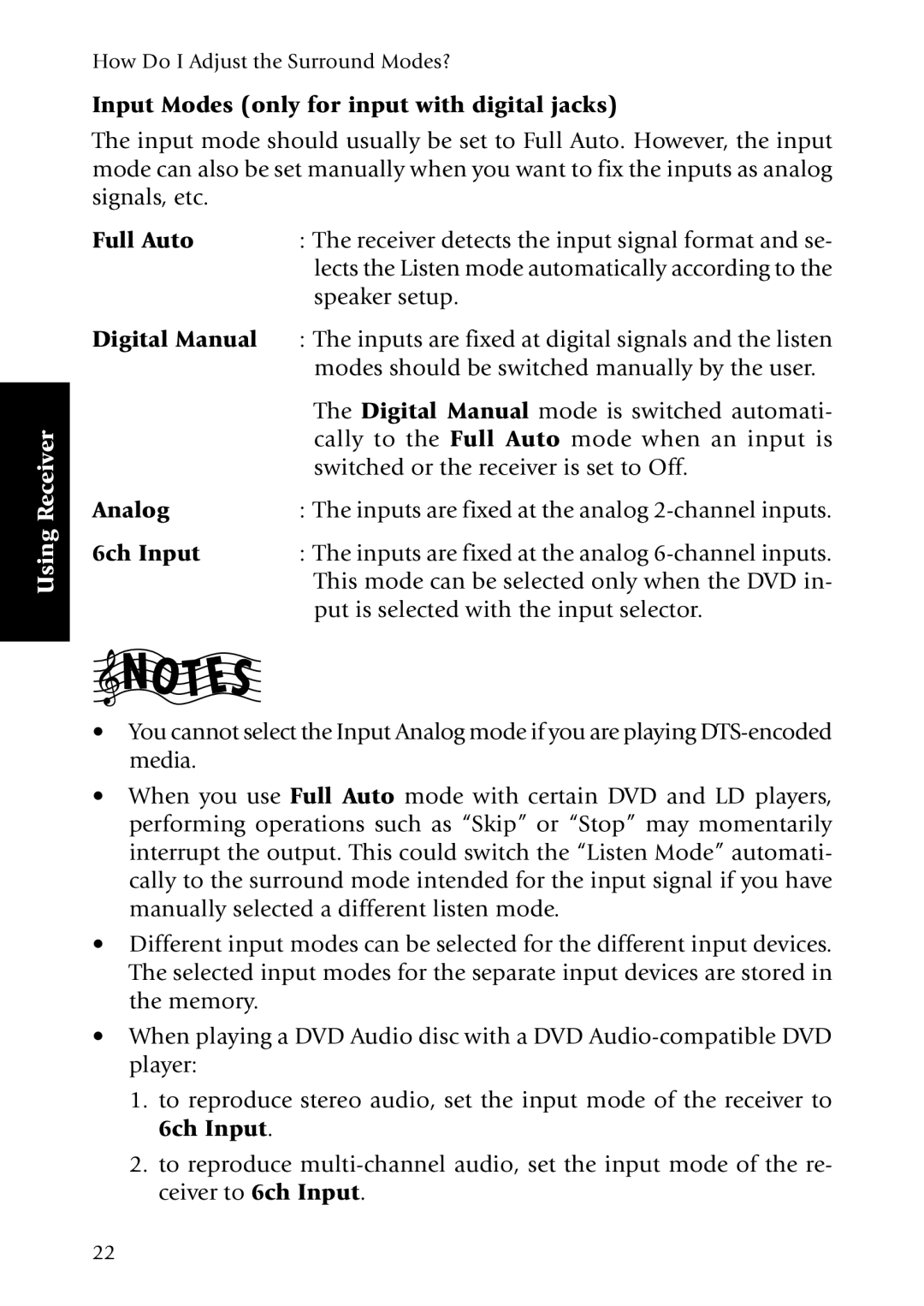 Kenwood KRF-X7775D manual Input Modes only for input with digital jacks, Full Auto, Digital Manual, Analog, 6ch Input 