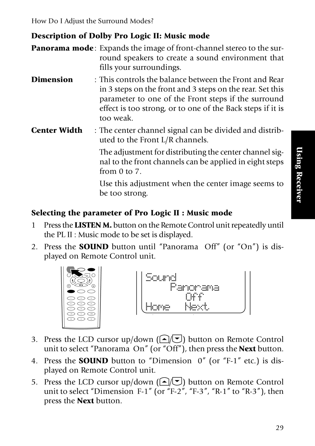 Kenwood KRF-X7775D manual Description of Dolby Pro Logic II Music mode, Selecting the parameter of Pro Logic II Music mode 