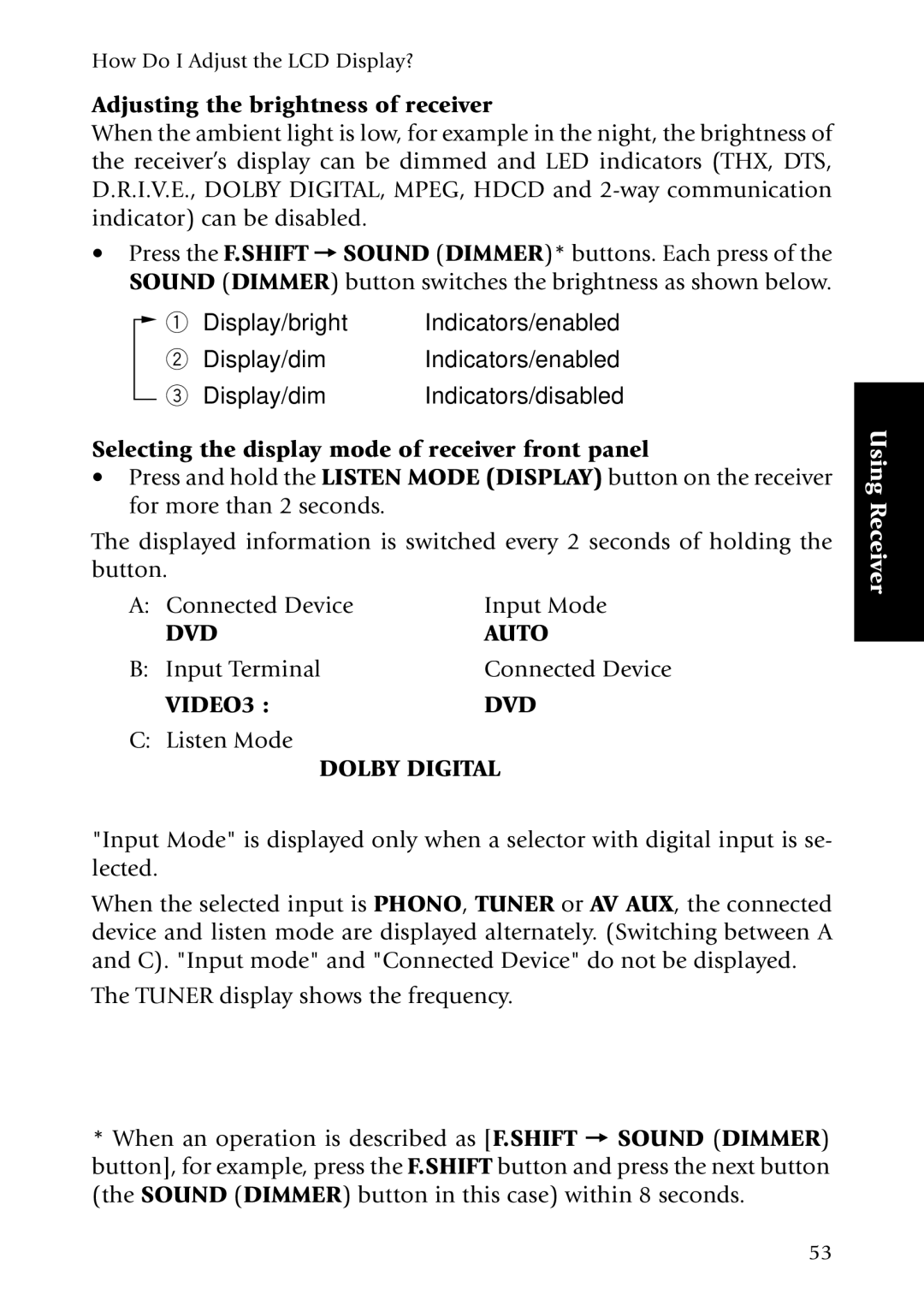 Kenwood KRF-X7775D manual Adjusting the brightness of receiver, Selecting the display mode of receiver front panel 