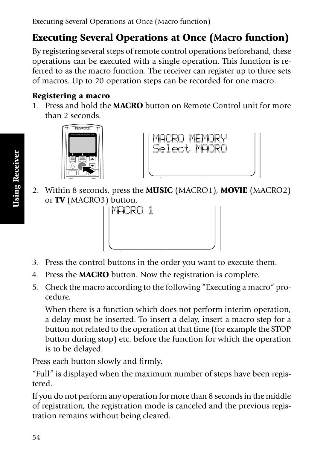 Kenwood KRF-X7775D manual Executing Several Operations at Once Macro function, Registering a macro 