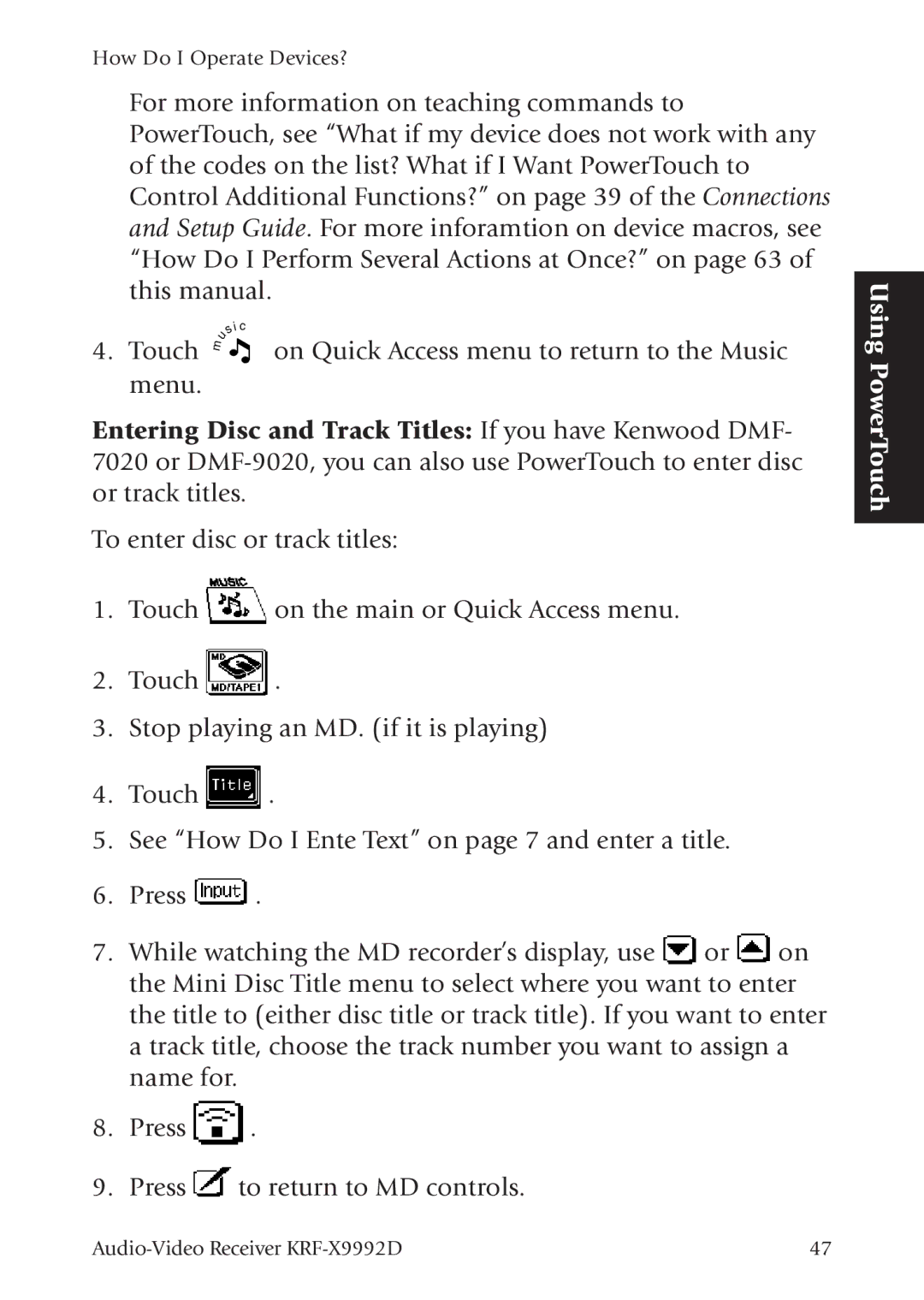 Kenwood KRF-X9992D manual Using PowerTouch 