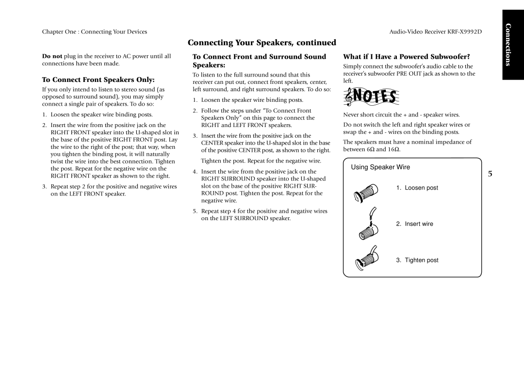 Kenwood KRF-X9992D manual To Connect Front Speakers Only, To Connect Front and Surround Sound Speakers 