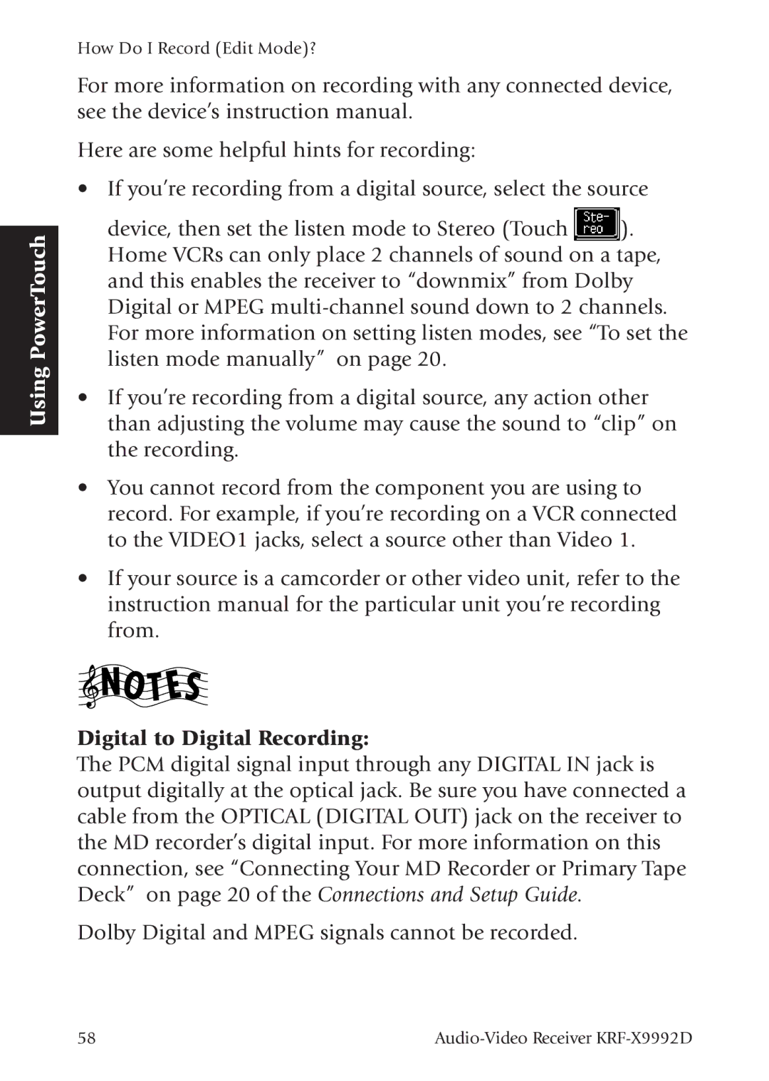 Kenwood KRF-X9992D manual Digital to Digital Recording 