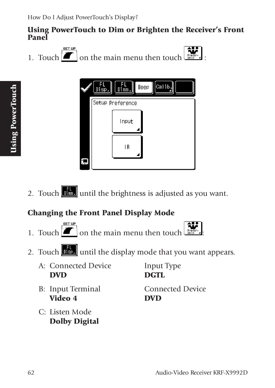 Kenwood KRF-X9992D manual Changing the Front Panel Display Mode, Dolby Digital 