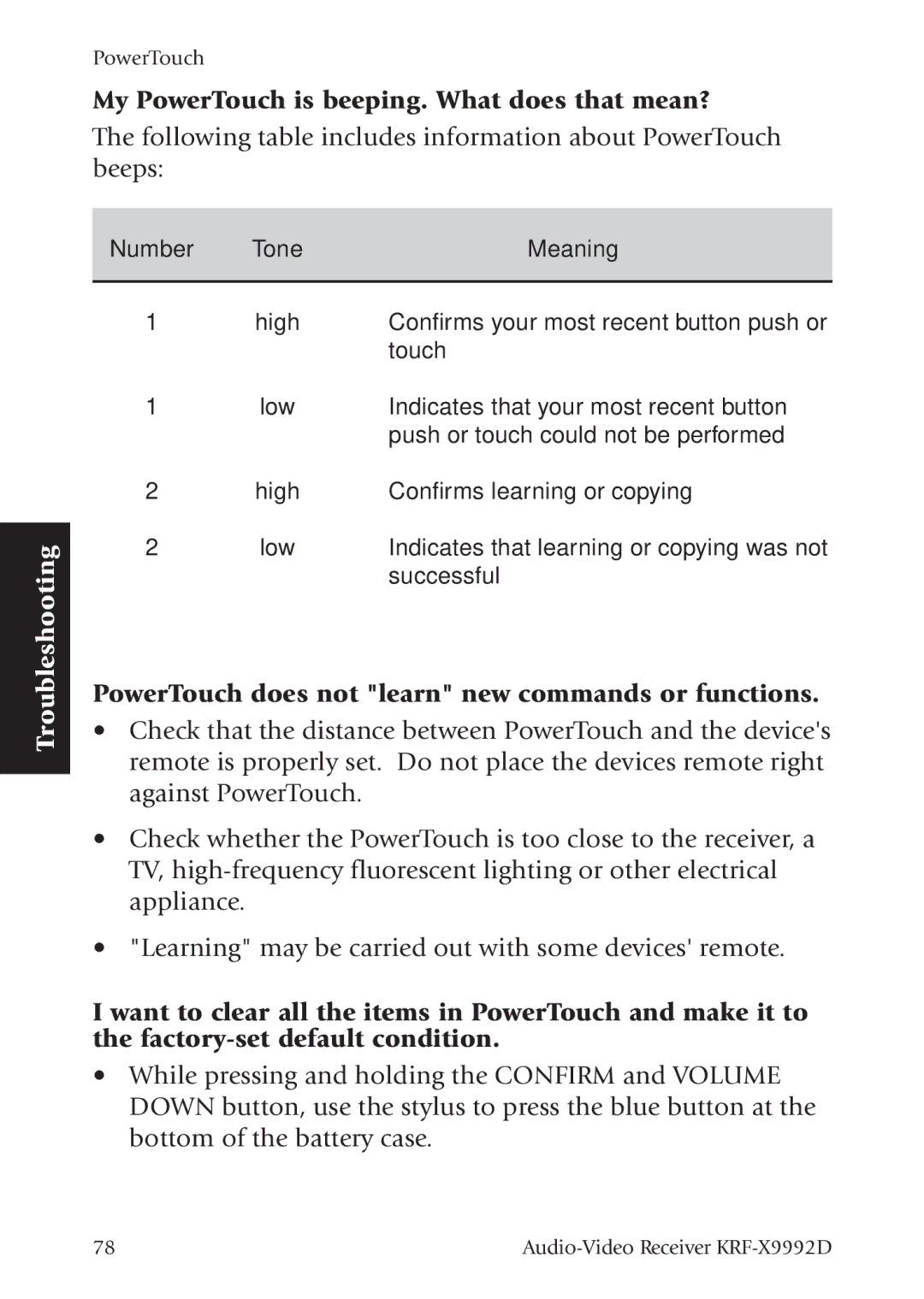 Kenwood KRF-X9992D My PowerTouch is beeping. What does that mean?, PowerTouch does not learn new commands or functions 