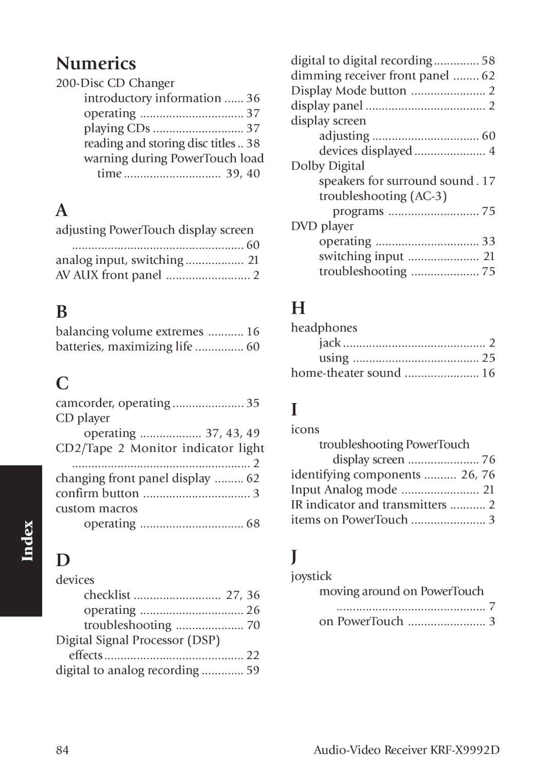 Kenwood KRF-X9992D manual Numerics, Index 