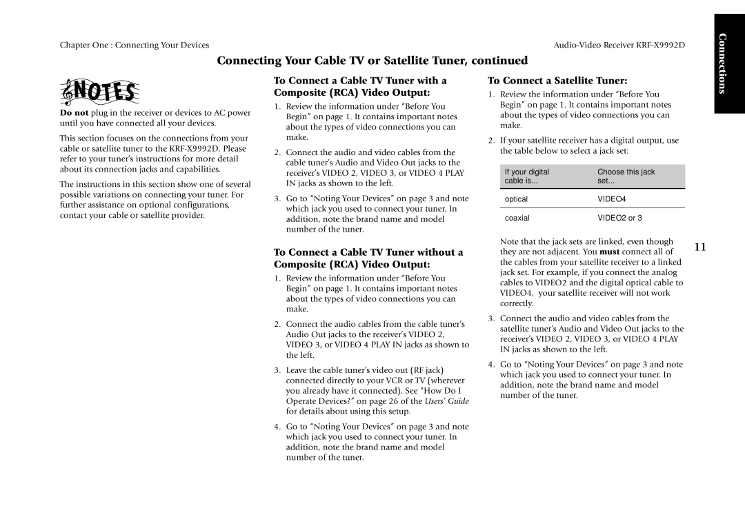 Kenwood KRF-X9992D manual To Connect a Satellite Tuner 