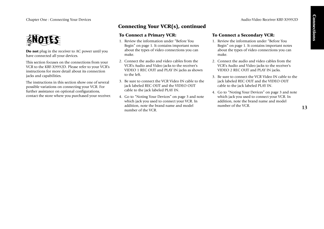 Kenwood KRF-X9992D manual To Connect a Primary VCR, To Connect a Secondary VCR 