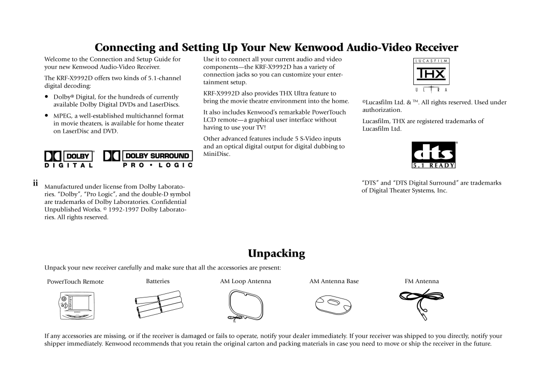 Kenwood KRF-X9992D manual Unpacking 