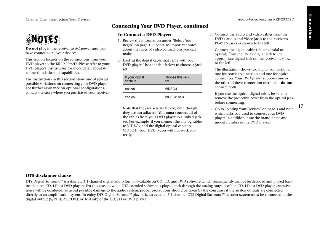 Kenwood KRF-X9992D manual DTS disclaimer clause To Connect a DVD Player 