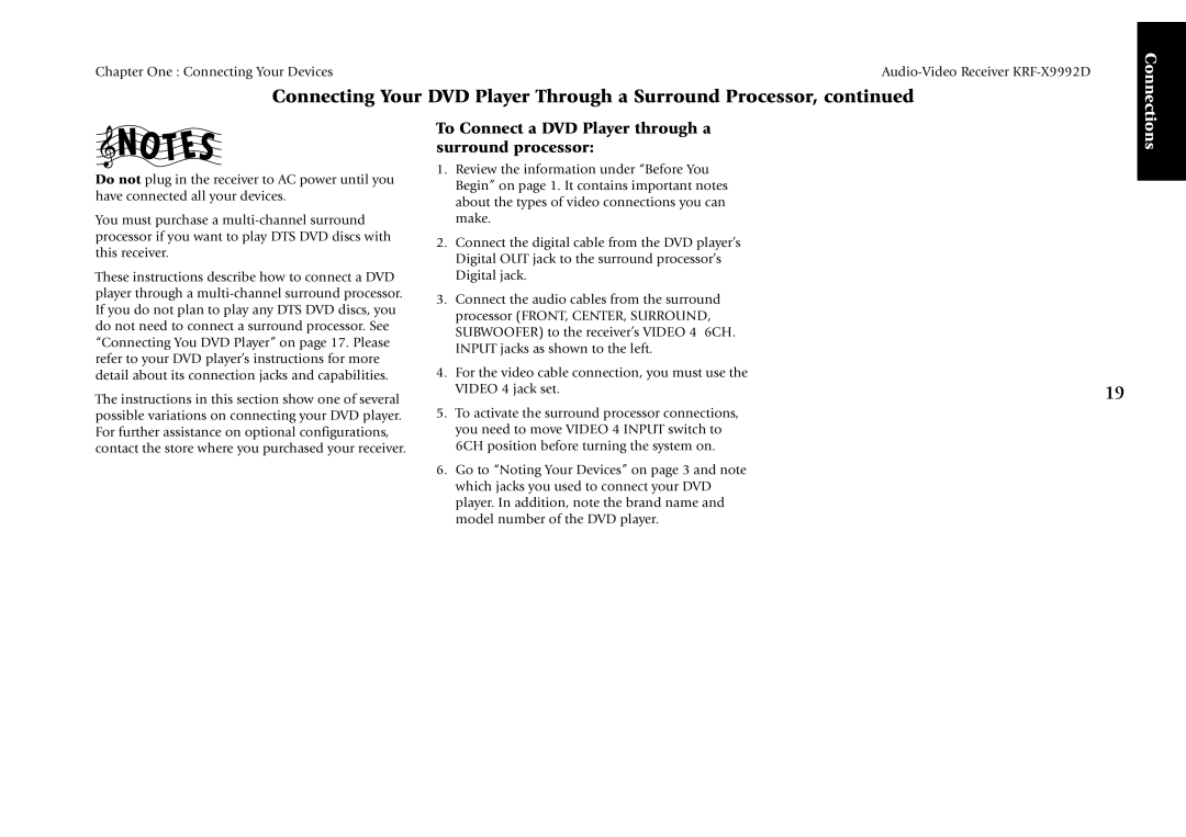 Kenwood KRF-X9992D manual To Connect a DVD Player through a surround processor 