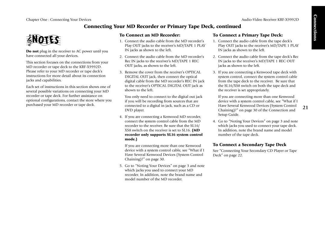 Kenwood KRF-X9992D manual To Connect an MD Recorder, To Connect a Primary Tape Deck, To Connect a Secondary Tape Deck 