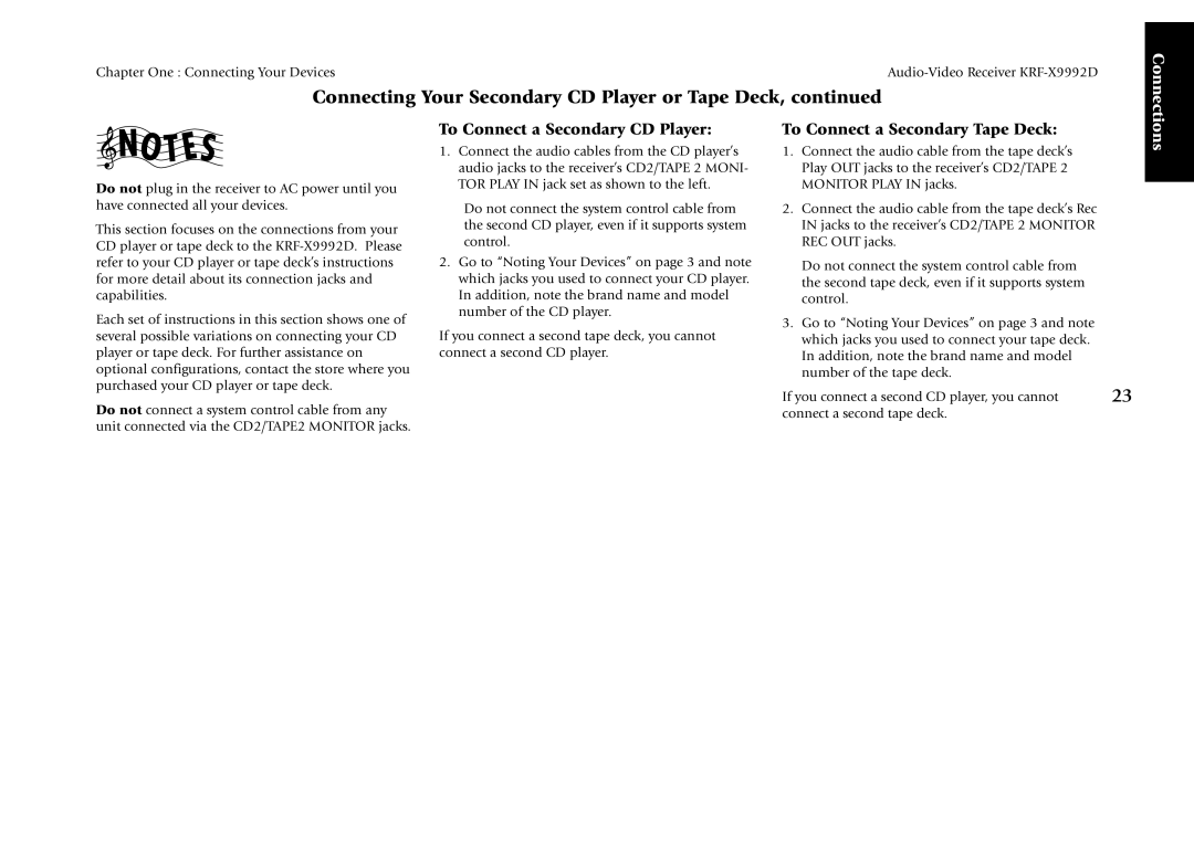 Kenwood KRF-X9992D manual To Connect a Secondary CD Player 