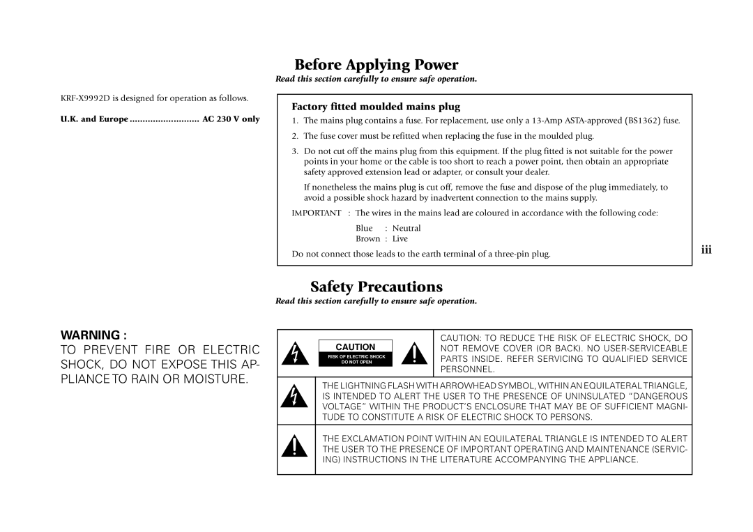 Kenwood KRF-X9992D manual Iii, Factory fitted moulded mains plug, Europe AC 230 V only 