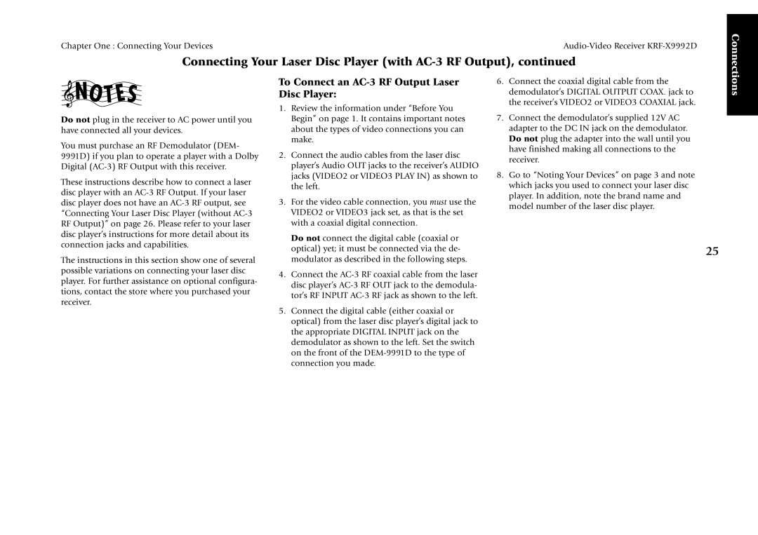 Kenwood KRF-X9992D manual To Connect an AC-3 RF Output Laser Disc Player 