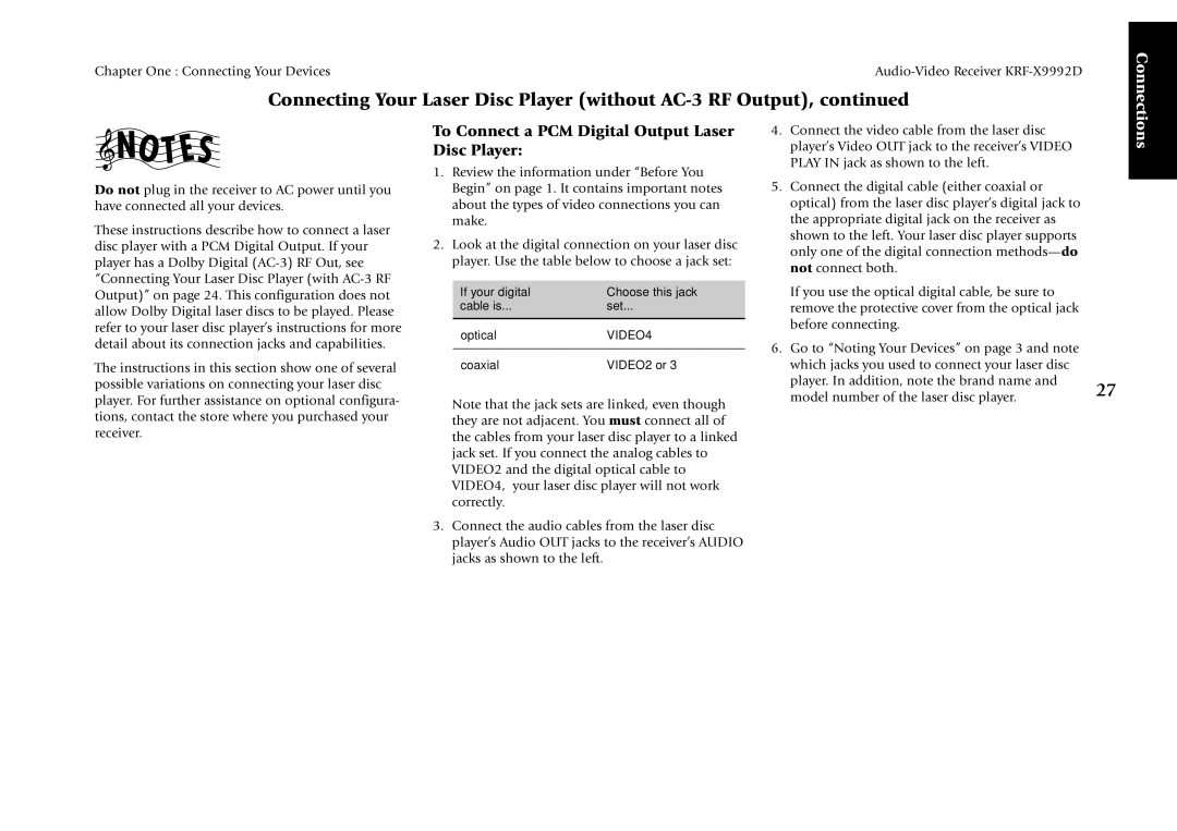 Kenwood KRF-X9992D manual To Connect a PCM Digital Output Laser Disc Player, Connections 