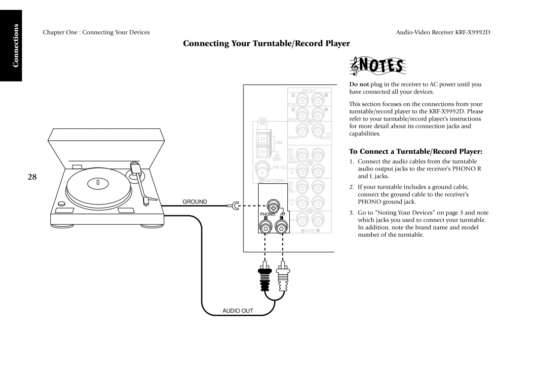 Kenwood KRF-X9992D manual Connecting Your Turntable/Record Player, To Connect a Turntable/Record Player 