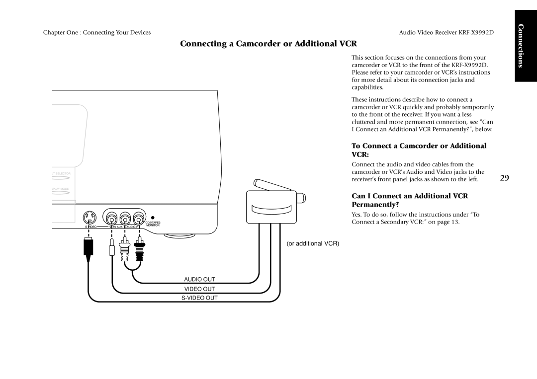 Kenwood KRF-X9992D manual Connecting a Camcorder or Additional VCR, To Connect a Camcorder or Additional 