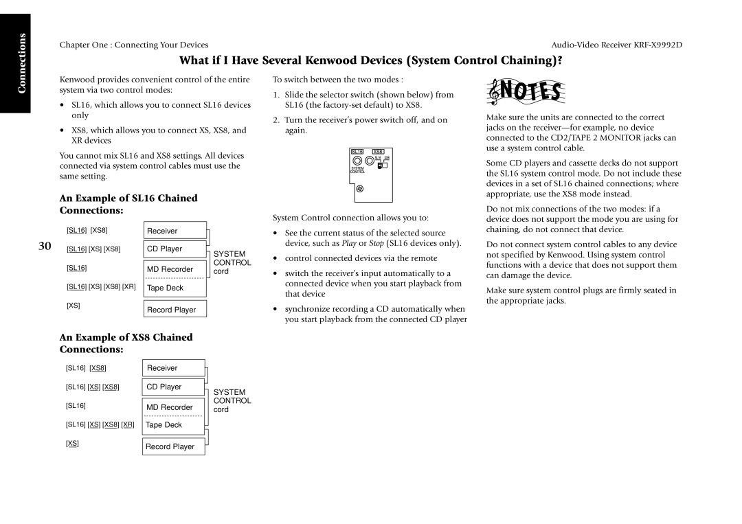 Kenwood KRF-X9992D manual An Example of SL16 Chained Connections, An Example of XS8 Chained Connections 