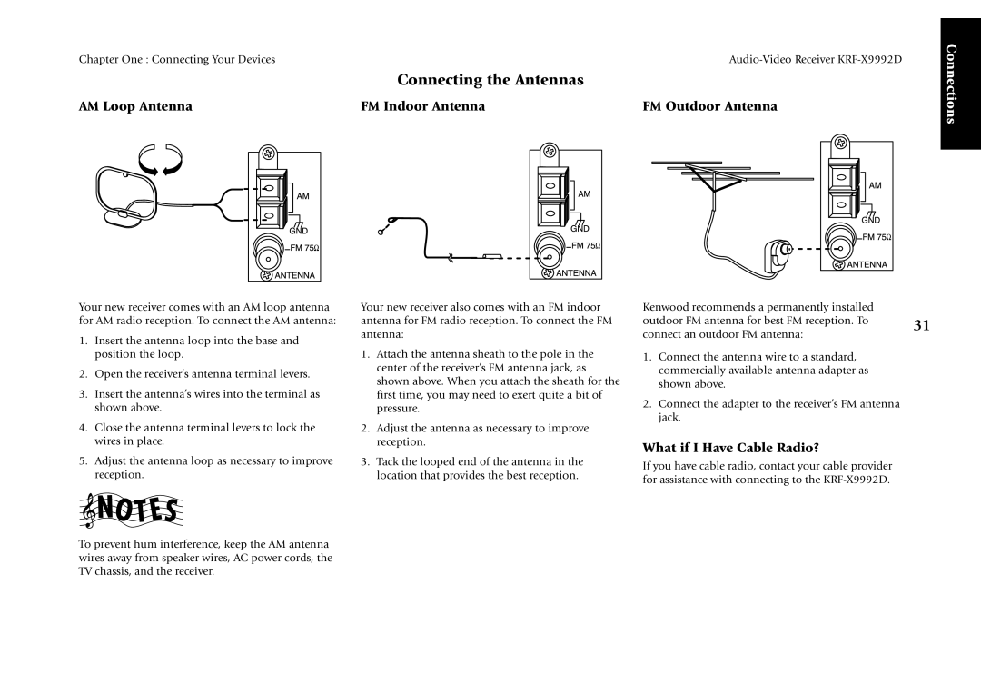 Kenwood KRF-X9992D manual Connecting the Antennas, AM Loop Antenna, FM Indoor Antenna, FM Outdoor Antenna 