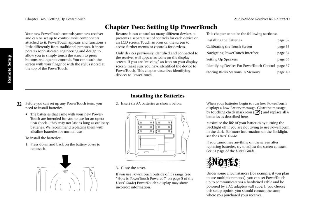 Kenwood KRF-X9992D manual Chapter Two Setting Up PowerTouch, Installing the Batteries 