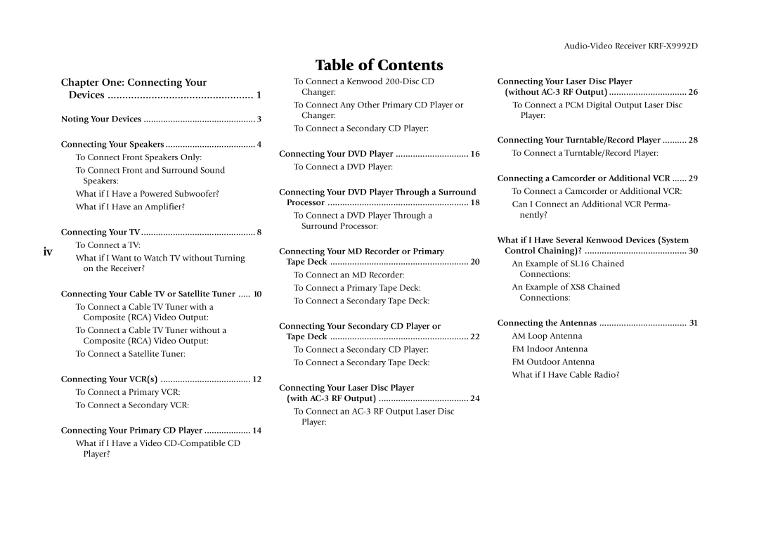 Kenwood KRF-X9992D manual Table of Contents 