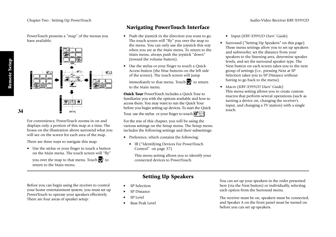 Kenwood KRF-X9992D manual Navigating PowerTouch Interface, Setting Up Speakers 