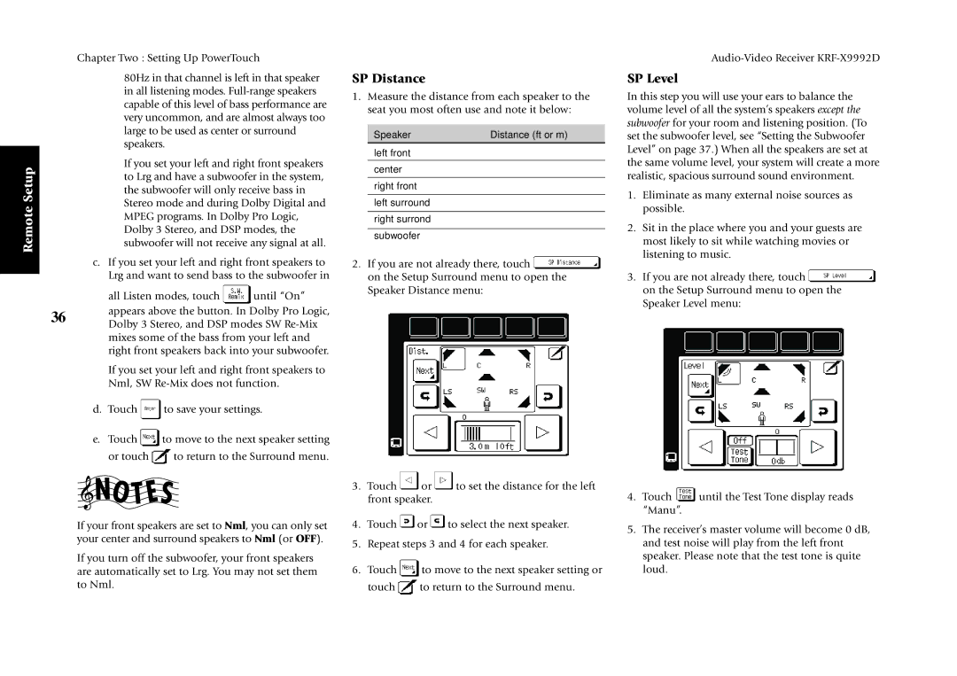 Kenwood KRF-X9992D manual SP Distance, SP Level 