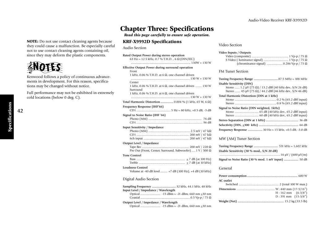 Kenwood manual KRF-X9992D Specifications 