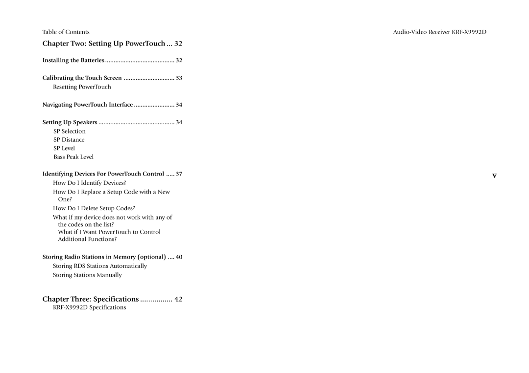 Kenwood KRF-X9992D manual Chapter Two Setting Up PowerTouch, Chapter Three Specifications 