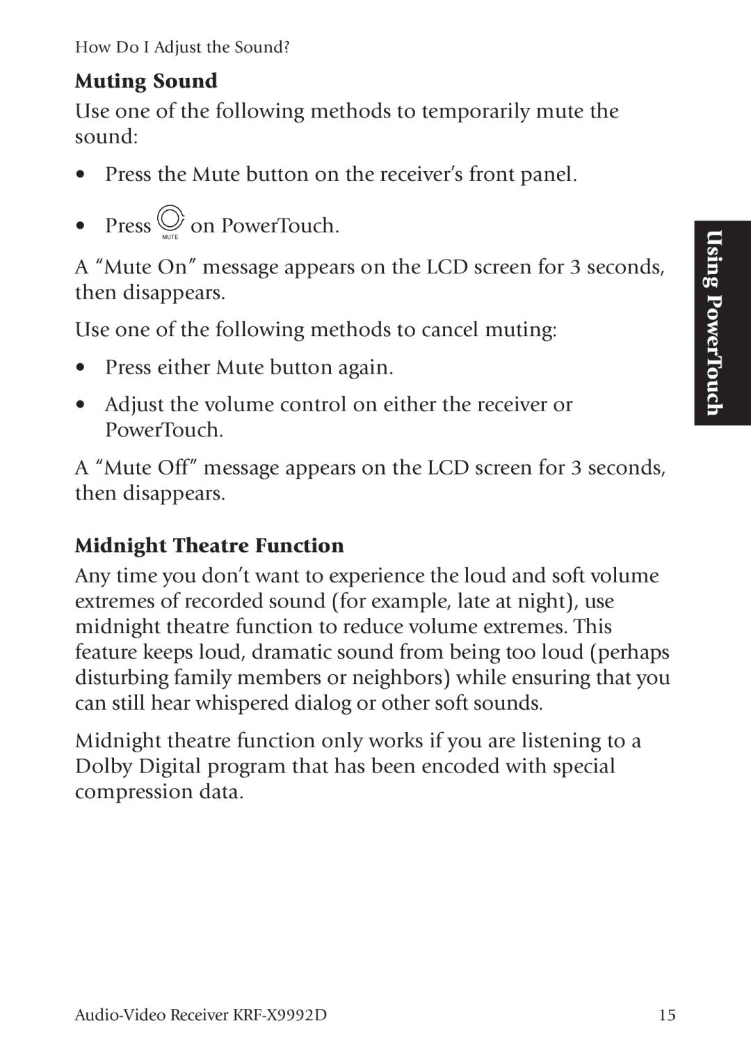 Kenwood KRF-X9992D manual Muting Sound, Midnight Theatre Function 