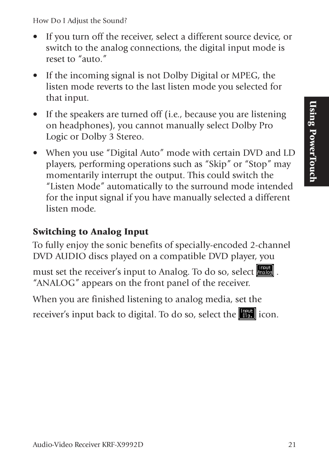 Kenwood KRF-X9992D manual Switching to Analog Input 