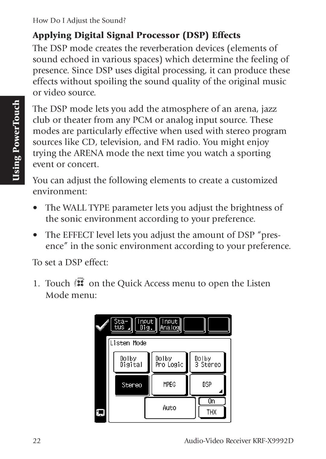 Kenwood KRF-X9992D manual Applying Digital Signal Processor DSP Effects 