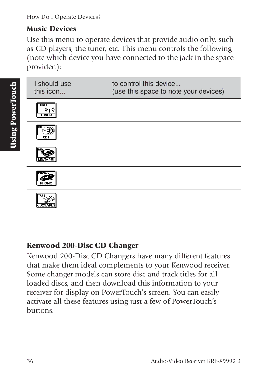 Kenwood KRF-X9992D manual Music Devices, Kenwood 200-Disc CD Changer 