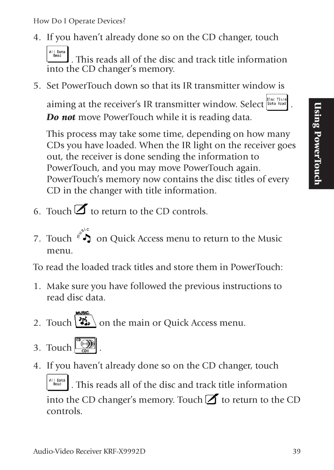 Kenwood KRF-X9992D manual Using PowerTouch 