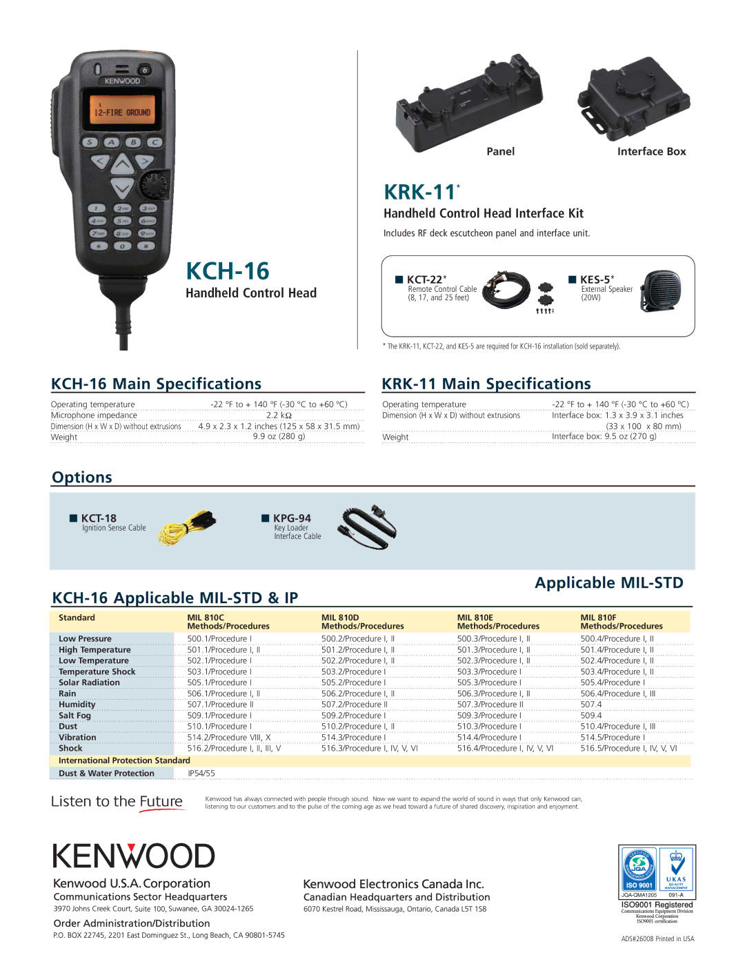 Kenwood KCT-22, TK-5710, KES-5, TK-5810 manual KCH-16 Main Specifications KRK-11 Main Specifications, Options 