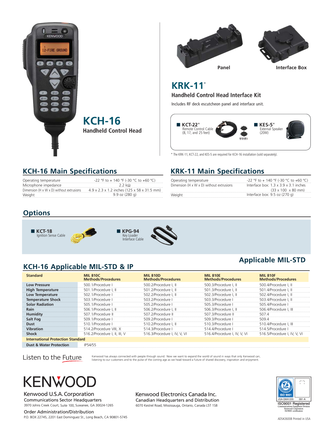 Kenwood KCT-22, TK-5710 KCH-16 Main Specifications, KRK-11 Main Specifications, Options, Handheld Control Head 