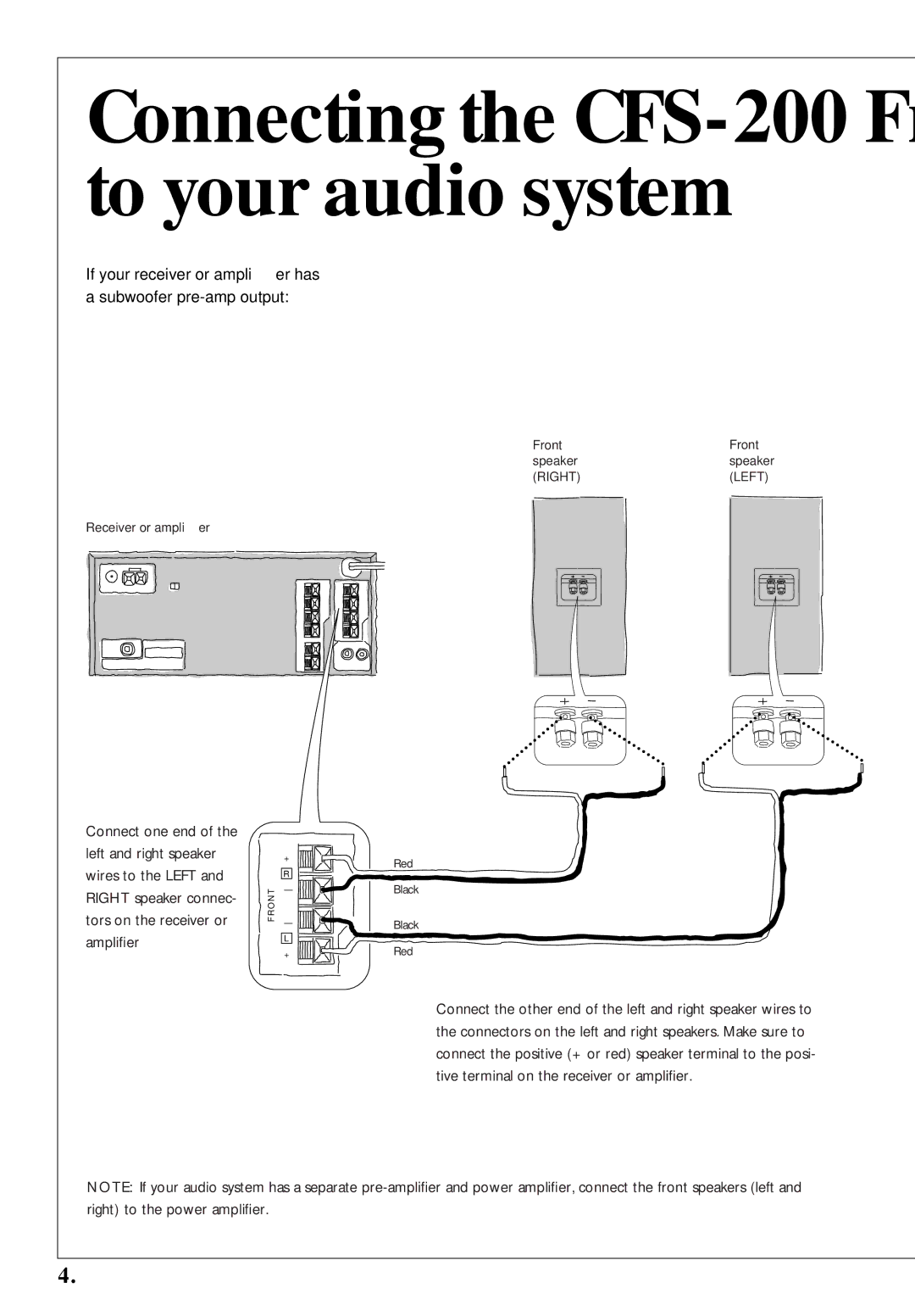 Kenwood KSS-500 Connecting the CFS-200 Fr to your audio system, If your receiver or ampliﬁer has Subwoofer pre-amp output 