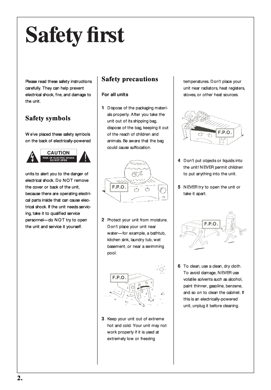 Kenwood KSS-500 owner manual Safety ﬁrst, Safety symbols, Safety precautions, For all units, F.P.O 