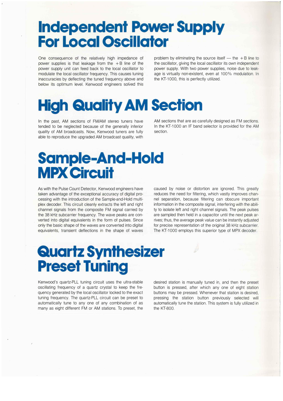 Kenwood KT-1000 manual High Quality AM Section, Independent Power Supply For Local Oscillator 