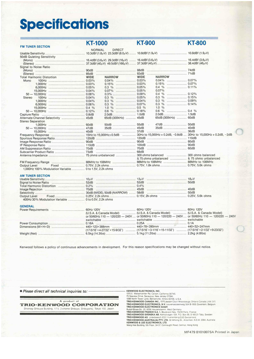 Kenwood KT-1000 manual Specifications 