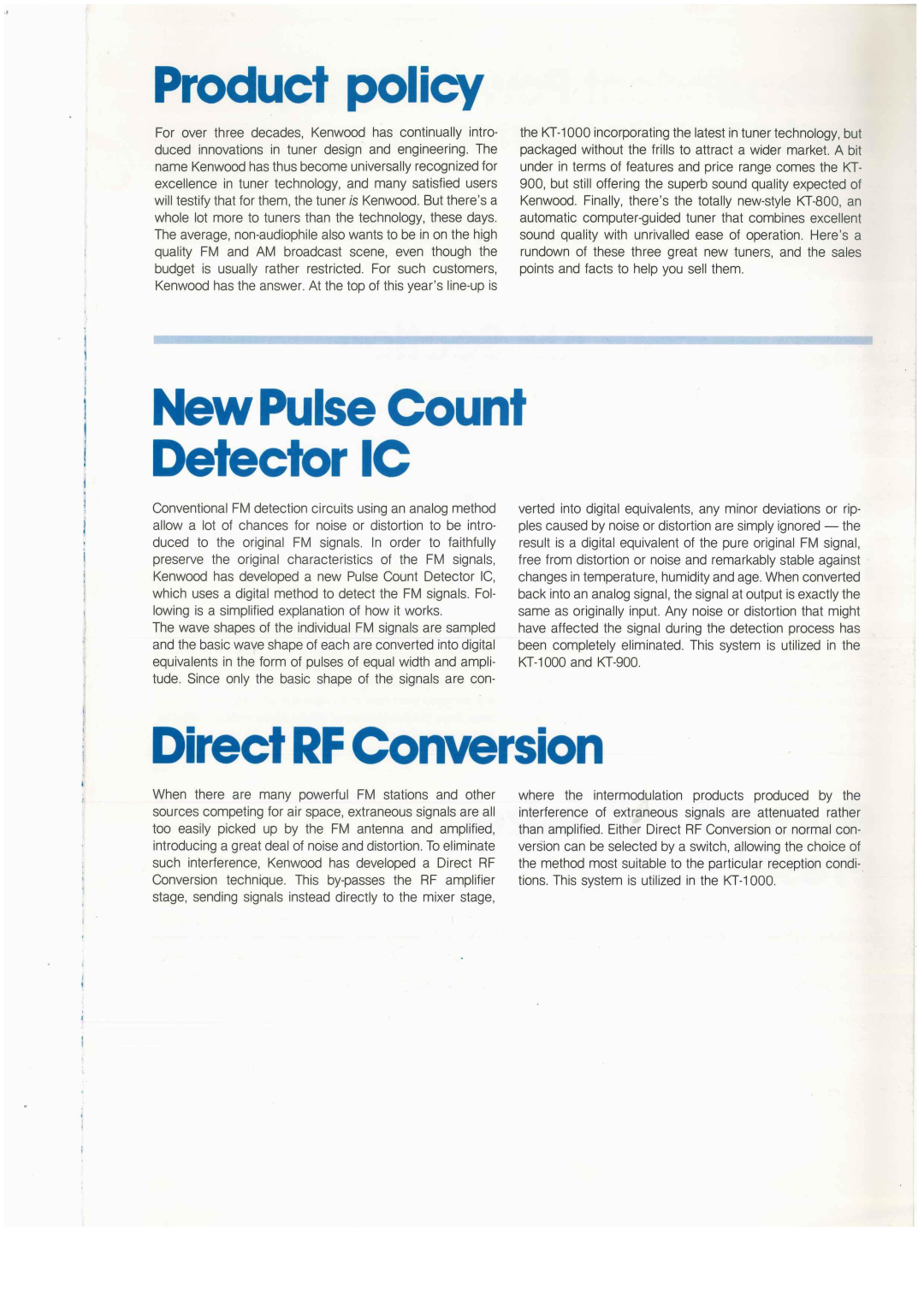 Kenwood KT-1000 manual Direct RF Conversion, New Pulse Count Detector IC, Product policy 