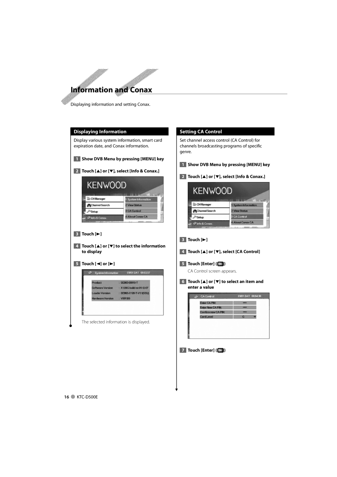 Kenwood KTC-D500E instruction manual Information and Conax, Displaying Information, Setting CA Control 