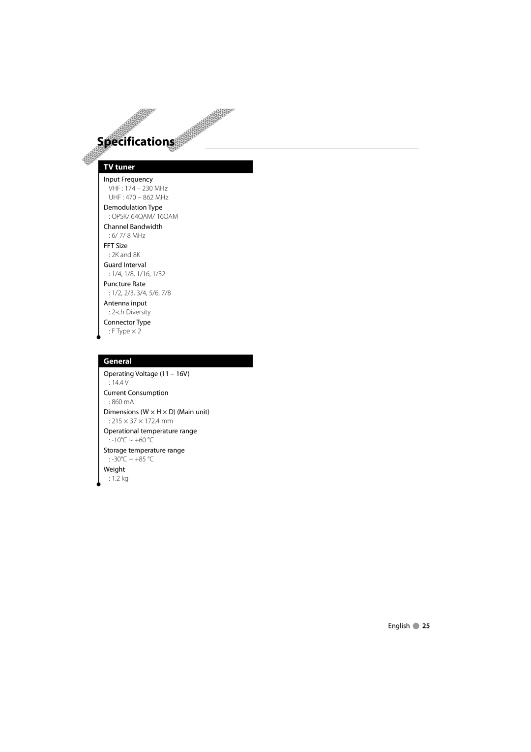 Kenwood KTC-D500E instruction manual Specifications, TV tuner, General, Type × 