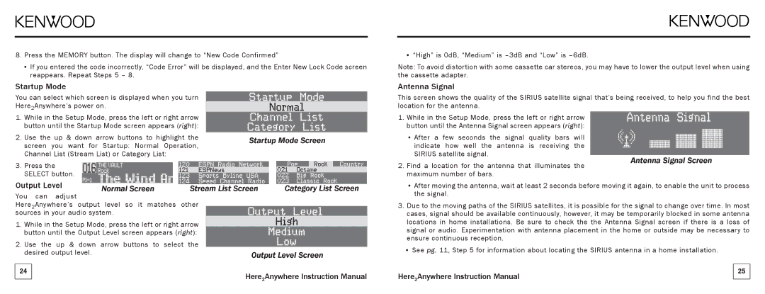 Kenwood KTC-H2A1 manual Startup Mode Screen, Normal Screen Stream List Screen Category List Screen, Output Level Screen 