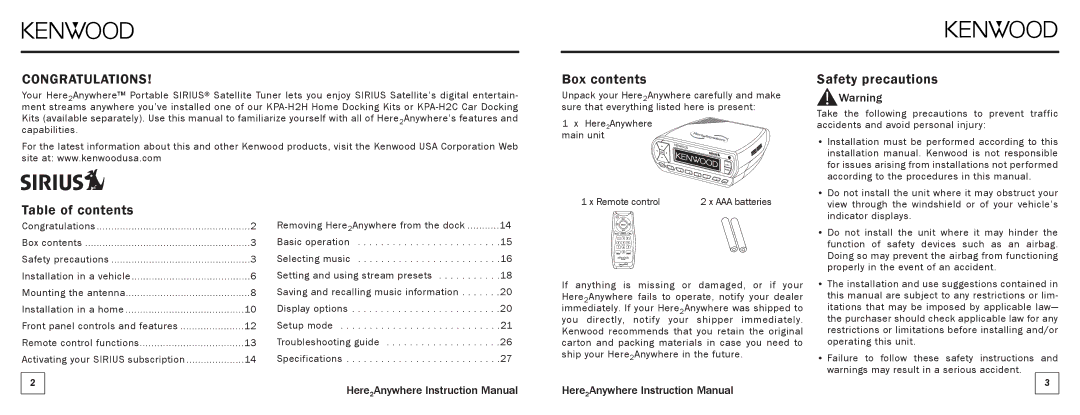 Kenwood KTC-H2A1 manual Box contents, Safety precautions, Table of contents 