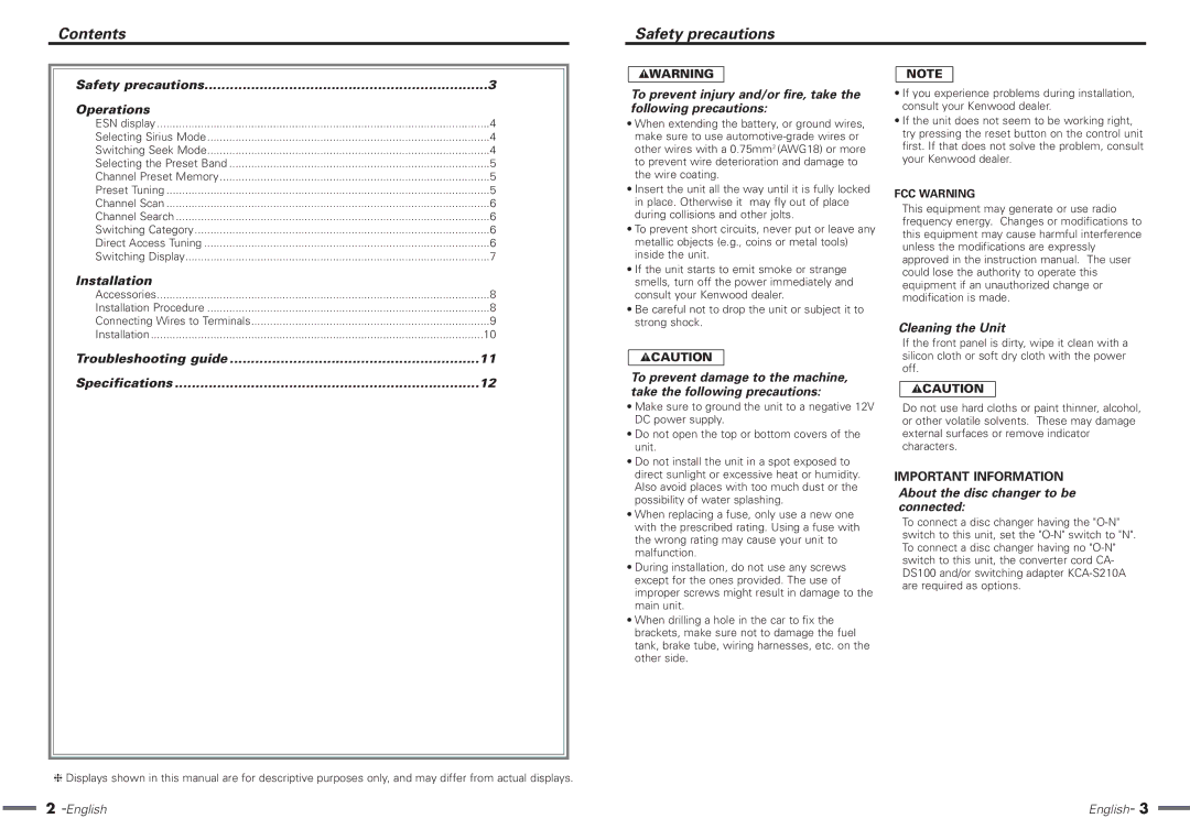 Kenwood KTC-SR901 instruction manual Contents, Safety precautions 