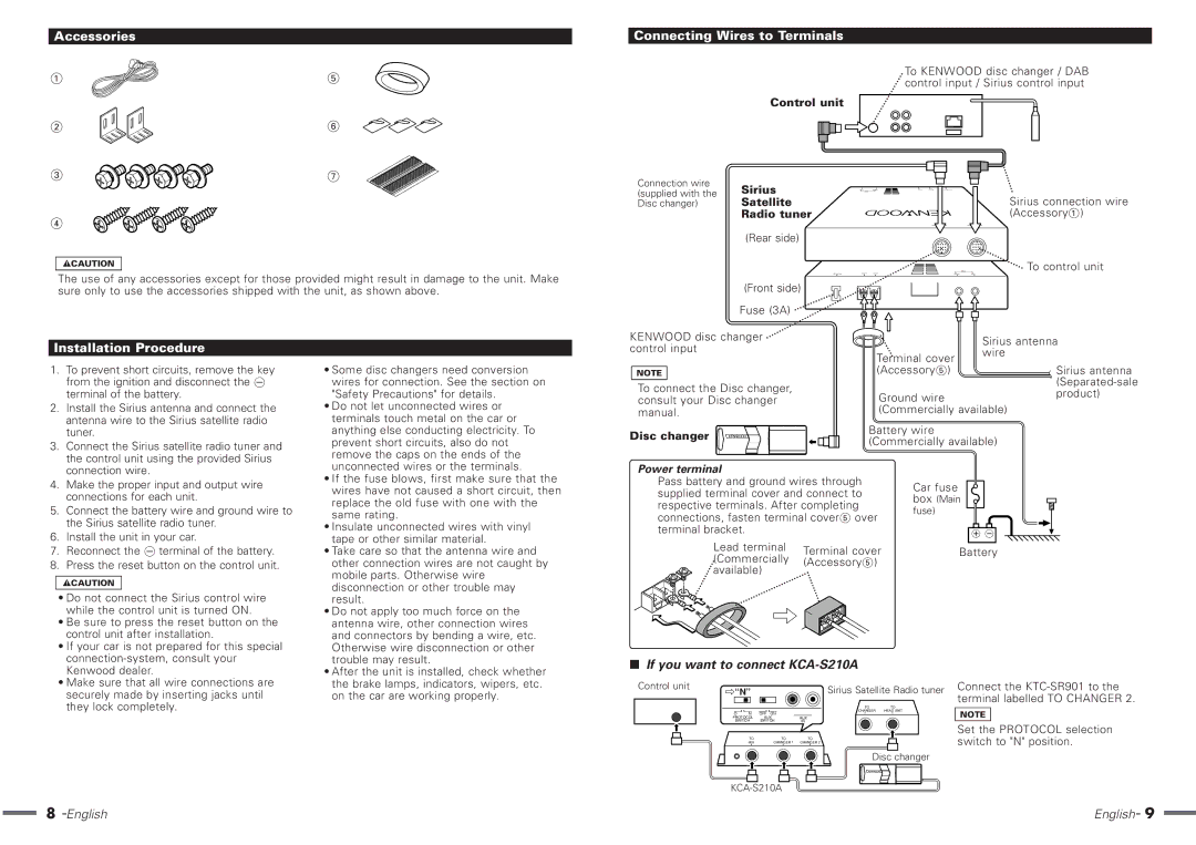 Kenwood KTC-SR901 Accessories Connecting Wires to Terminals, Installation Procedure, If you want to connect KCA-S210A 